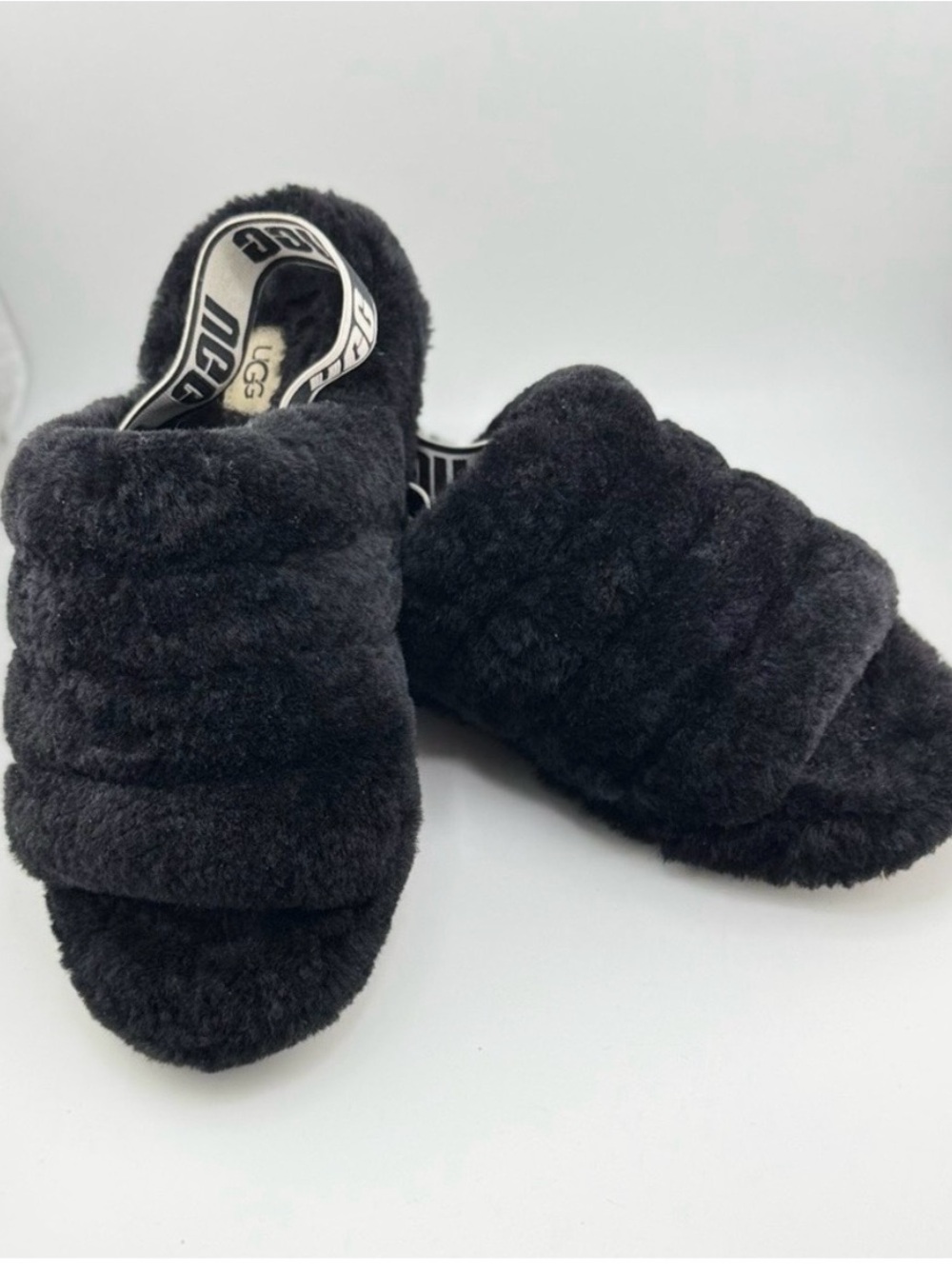 UGG Black Faux-Shearling Slip-On Slides with Branded Heel Strap - Picture 2 of 3
